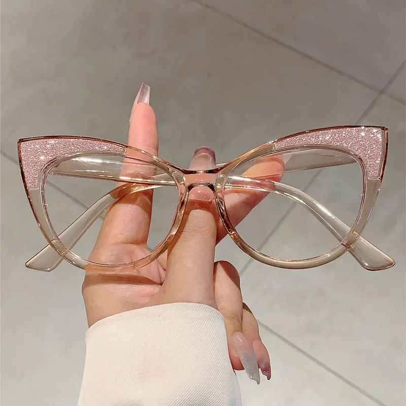 New Fine Flash glitter pink large cat eye frame glasses for women casual glasses anti blue light frame no degree