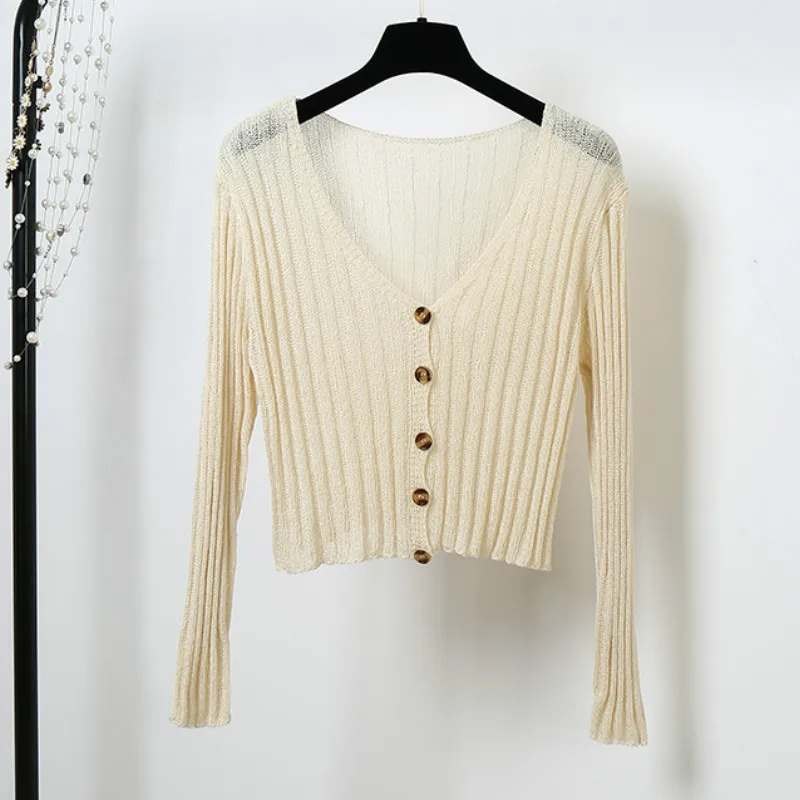 Sweaters Spring Fall V-Neck Coat Knitted Striped Cardigan Women OL Thin High Waist Single-breasted Long Sleeved Autumn Thin Tops
