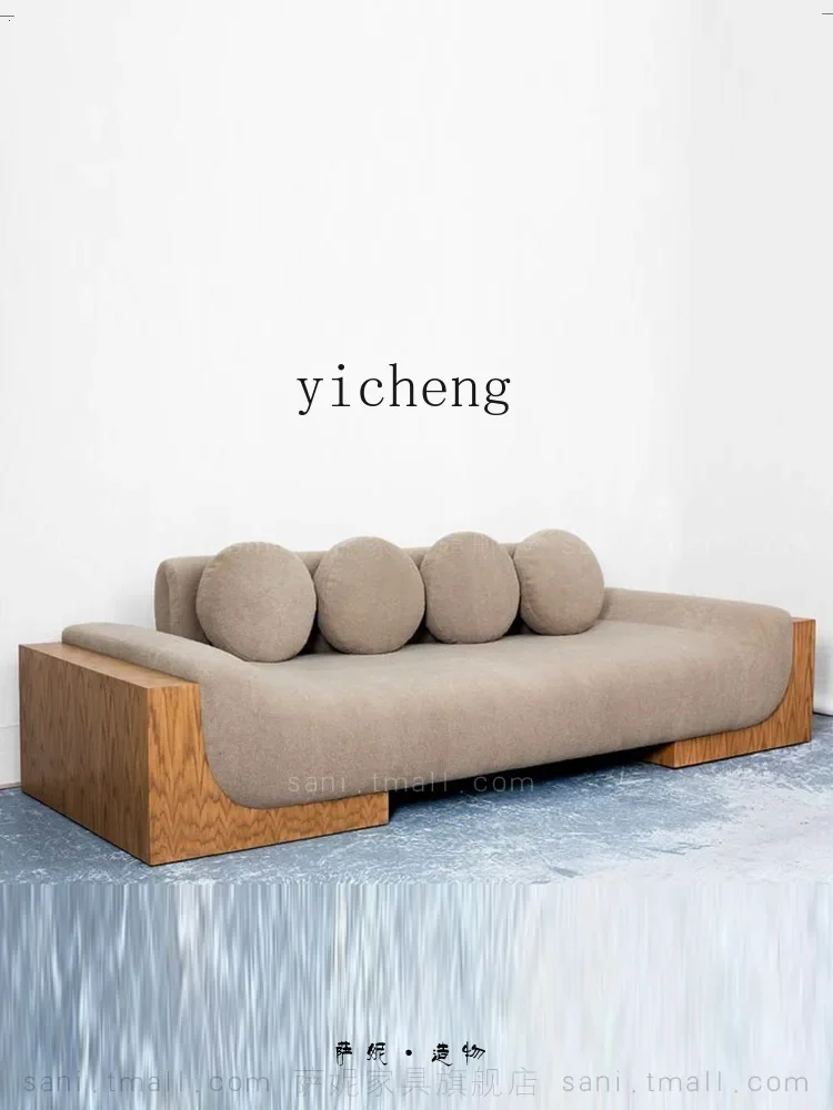Three-Seat Sofa Solid Wood Fabric Straight Row Double Four-Seat Log Style