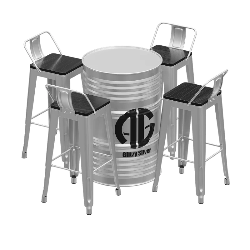 ‌Industrial Bar Table Set | Metal Stool with Oil Drum Base for Cafe & Pub - Rustic Iron Bistro Counter Height Chairs