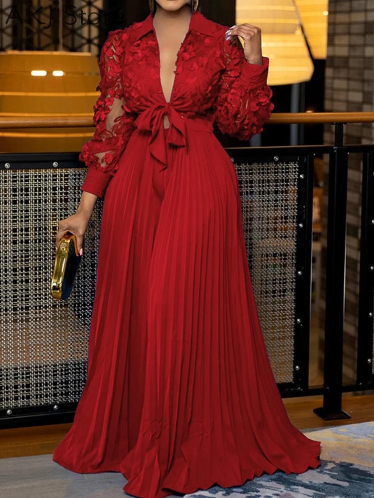 

Sheer Mesh Patchwork Turn-down Collar Jumpsuit Elegant Waist Tied Detail Pleated Flare Romper