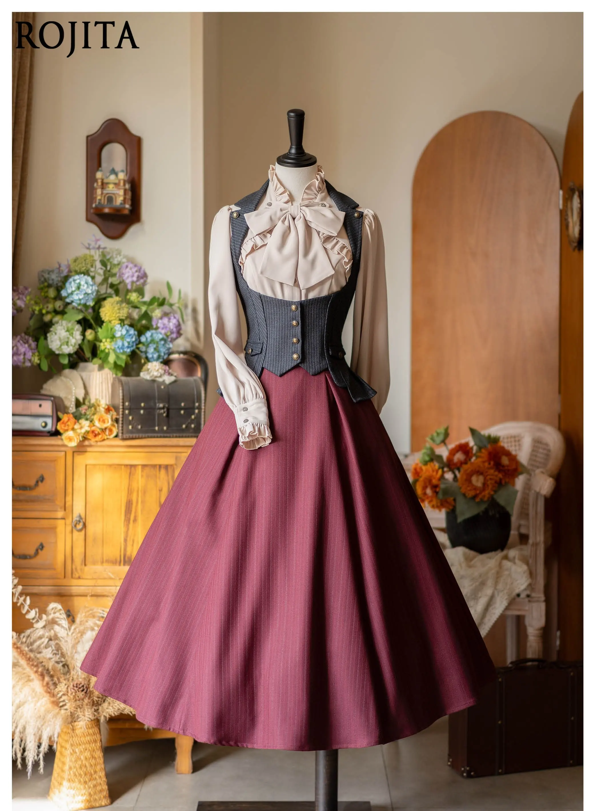 

Forest Wardrobe Original Retro Elegant Fishbone Spring and Autumn CLA Versatile Striped Skirt Pleated Skirt