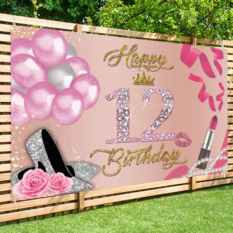 12th Party Banner Background Bat Mitzvah 12 Decorations Girl Twelve Years Old Birthday Glitter Diamond Balloons Photo Backdrop