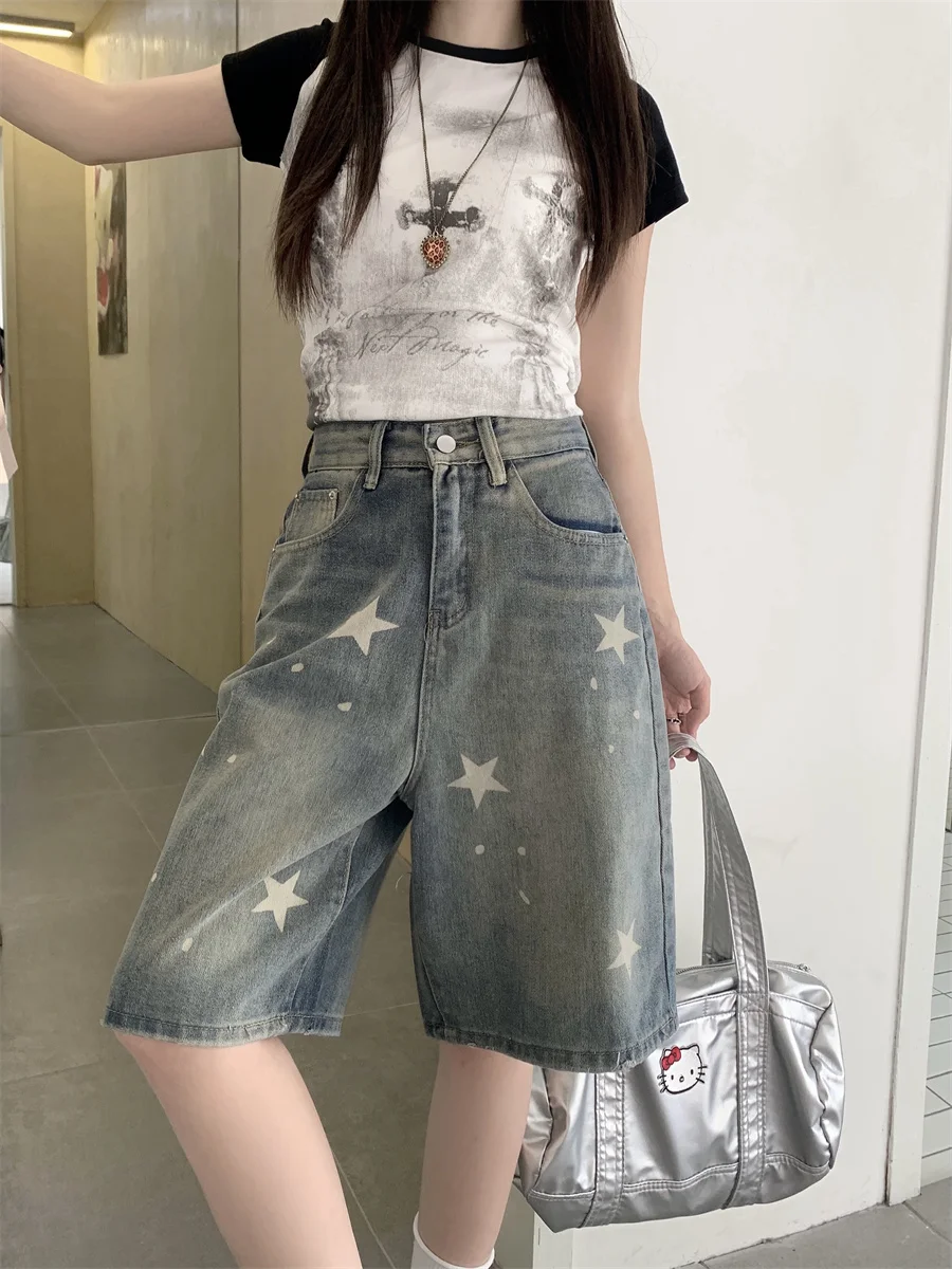 

Slergiri Vintage star denim shorts women's american fashion street wide-leg half pants high waist y2k straight baggy shorts