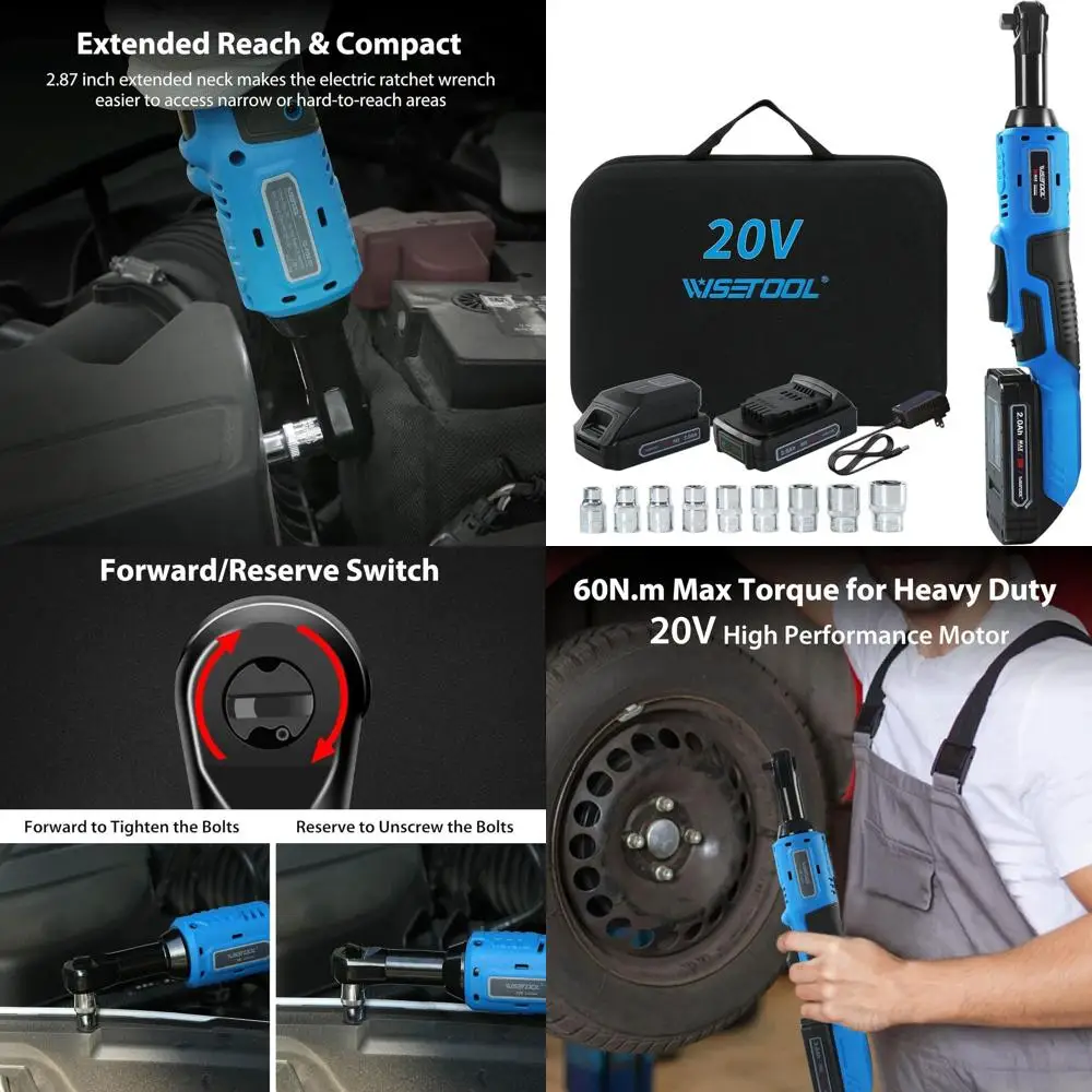 

Аккумуляторный ключ с трещоткой 20 В 3/8 с 2 батареями емкостью 2,0 Ач и крутящим моментом 60 Н·м, 9 головок в комплекте