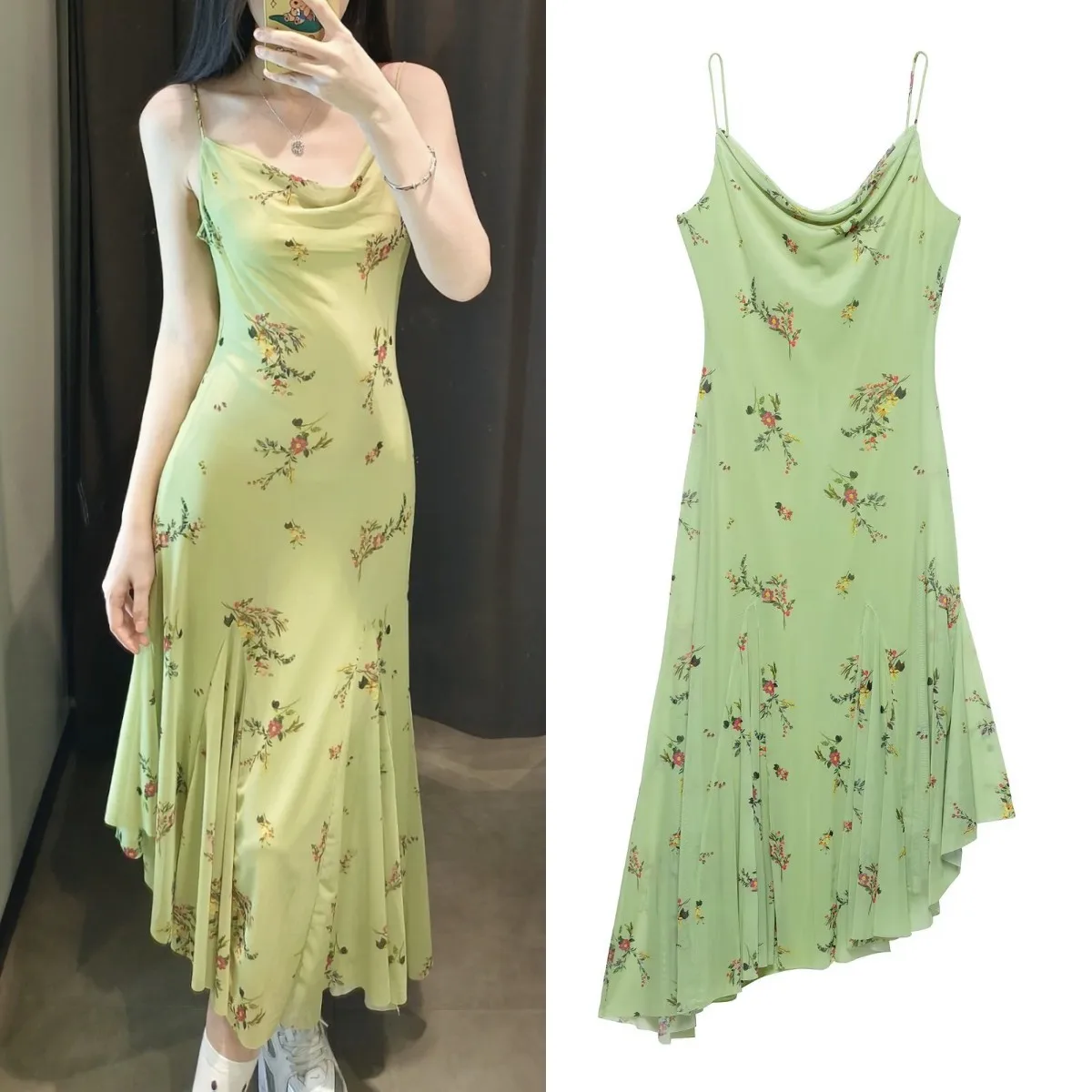 

ETJ 2025 TRAF Summer New women's Pastoral fashion Print Drape neck asymmetrical hem sexy halter MIDI dress