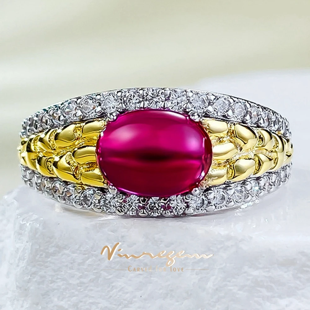 

Vinregem 6*8 MM Oval Ruby High Carbon Diamond Gemstone Vintage Ring for Women 925 Sterling Silver Engagement Fine Jewelry Gifts