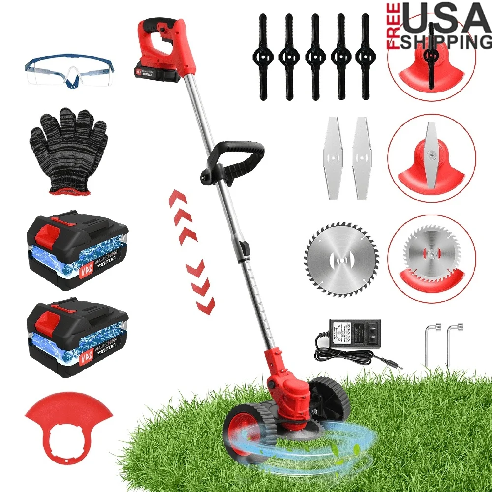 

Cordless Electric Grass Trimmer Lightweight Weed Eater Lawn Edger Mower with Upgraded Wheels 2 Batteries High Power Motor