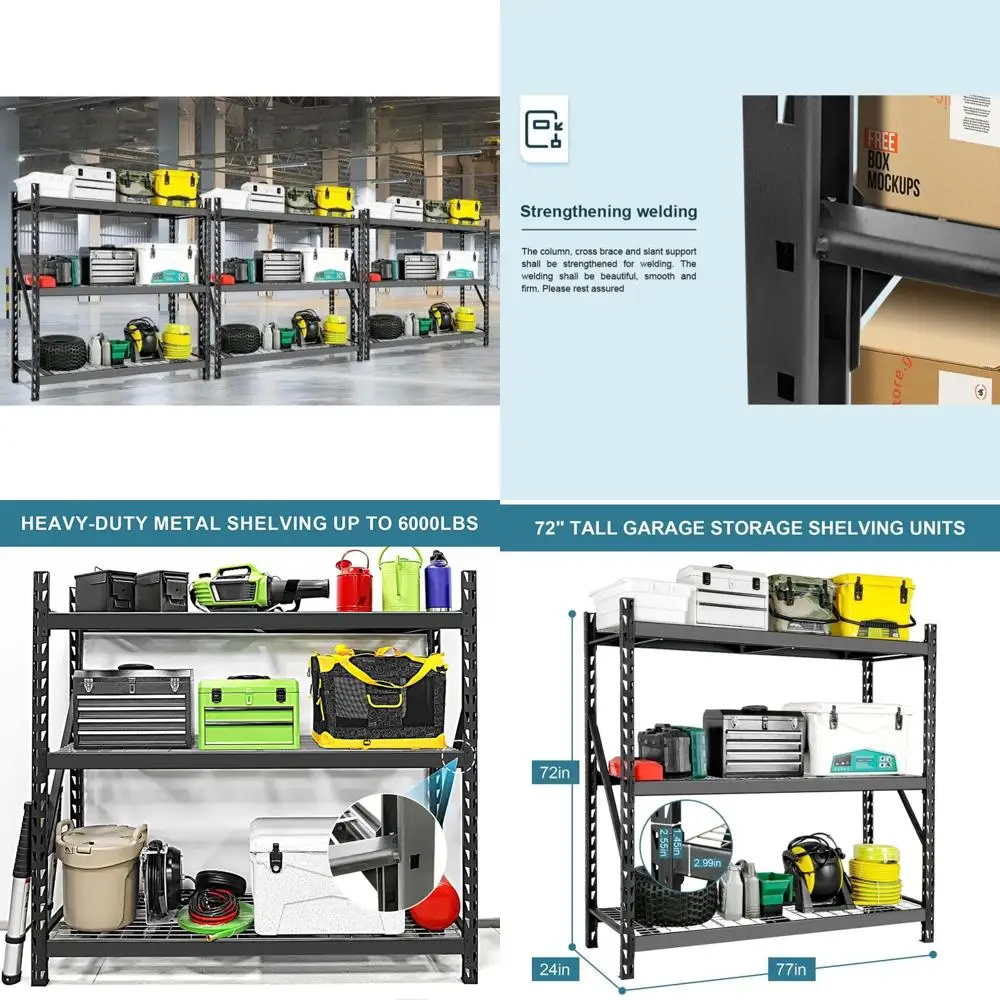 Rak Penyimpanan Logam 3 Tingkat yang Dapat Disesuaikan dan Kuat untuk Penyimpanan 6000LBS di Ruang Perkakas, Ruang Bawah Tanah, dan Bengkel