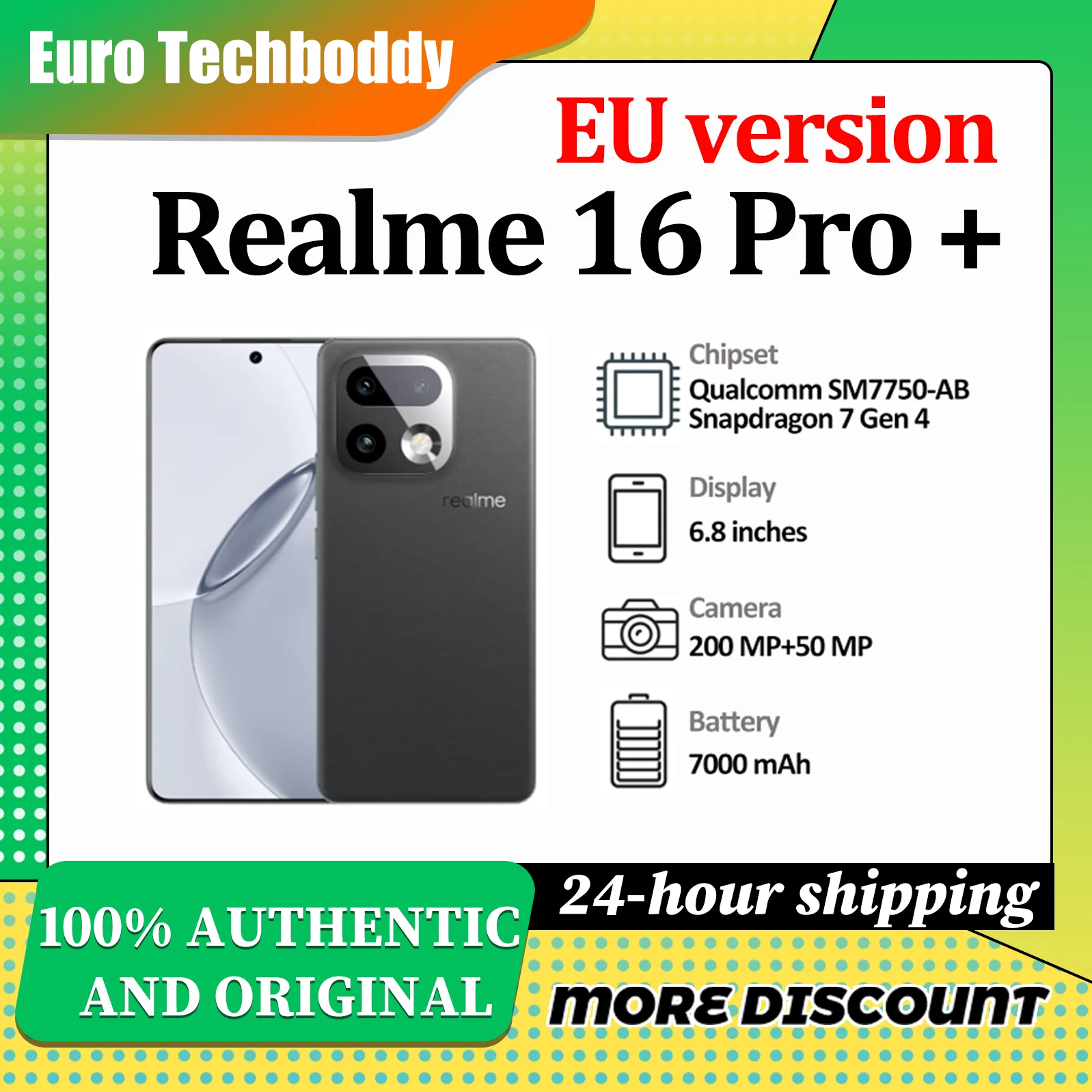 Realme 16 Pro+ 5G (Version Globale) — Smartphone avec écran AMOLED 120 Hz, processeur Snapdragon 7s Gen 3, 16 Go de RAM, 512 Go de ROM et chargeur 100 W
