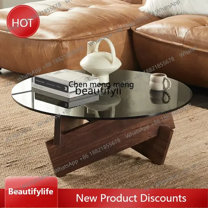 cn8350 ss zq North America Black Walnut Living Room Solid Wood Glass Tea Table Small Apartment Quiet Wind round Table
