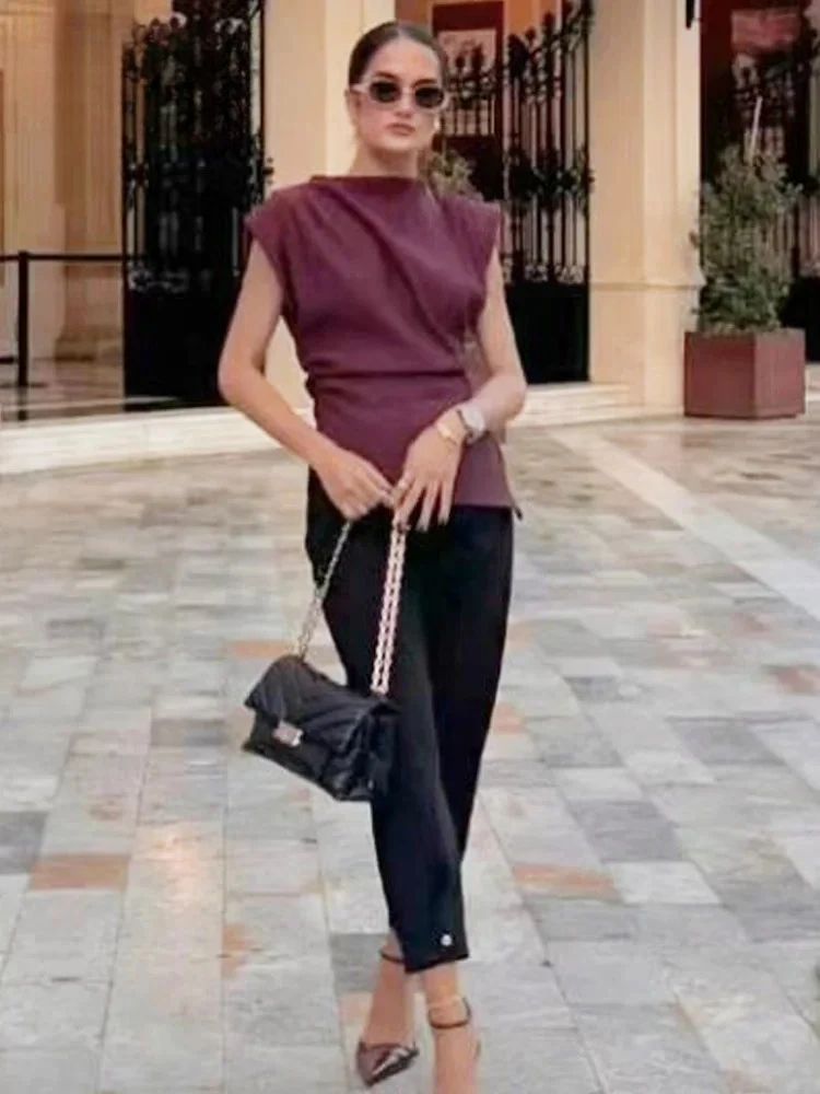 BWQ 2025 Damskie Bluzki z Falbankami Asymetryczne Top Bez Rękawów i Koszulki na Ramiączkach Marszczone Bluzki Bez Rękawów Kamizelki Bordowe Brązowe Czarne Top Bez Rękawów