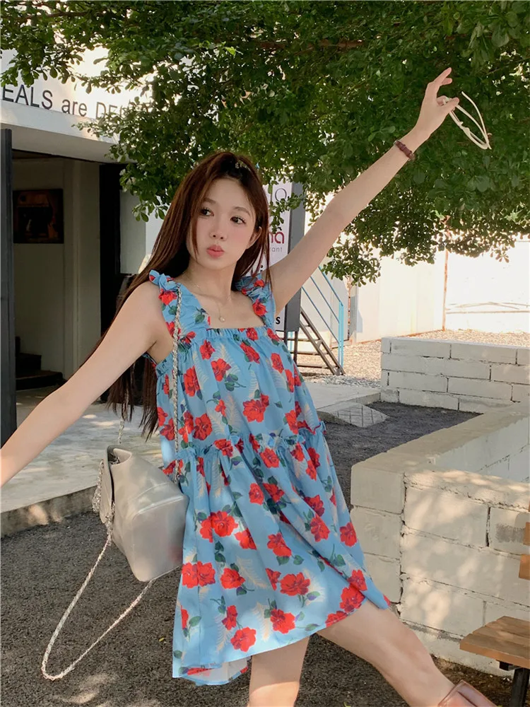 Summer Holiday Y2K Girl Flower Print Mini Dress Fashion Loose Seaside Beach Short Dress Retro Square Collar Ruffles Tank Dress