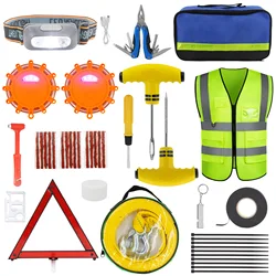 Car Emergency Kit Roadside Safety Assistance Tire Repair Road Flares Tow Strap 13-IN-1 Multi-Function Pliers Headlamp Reflective