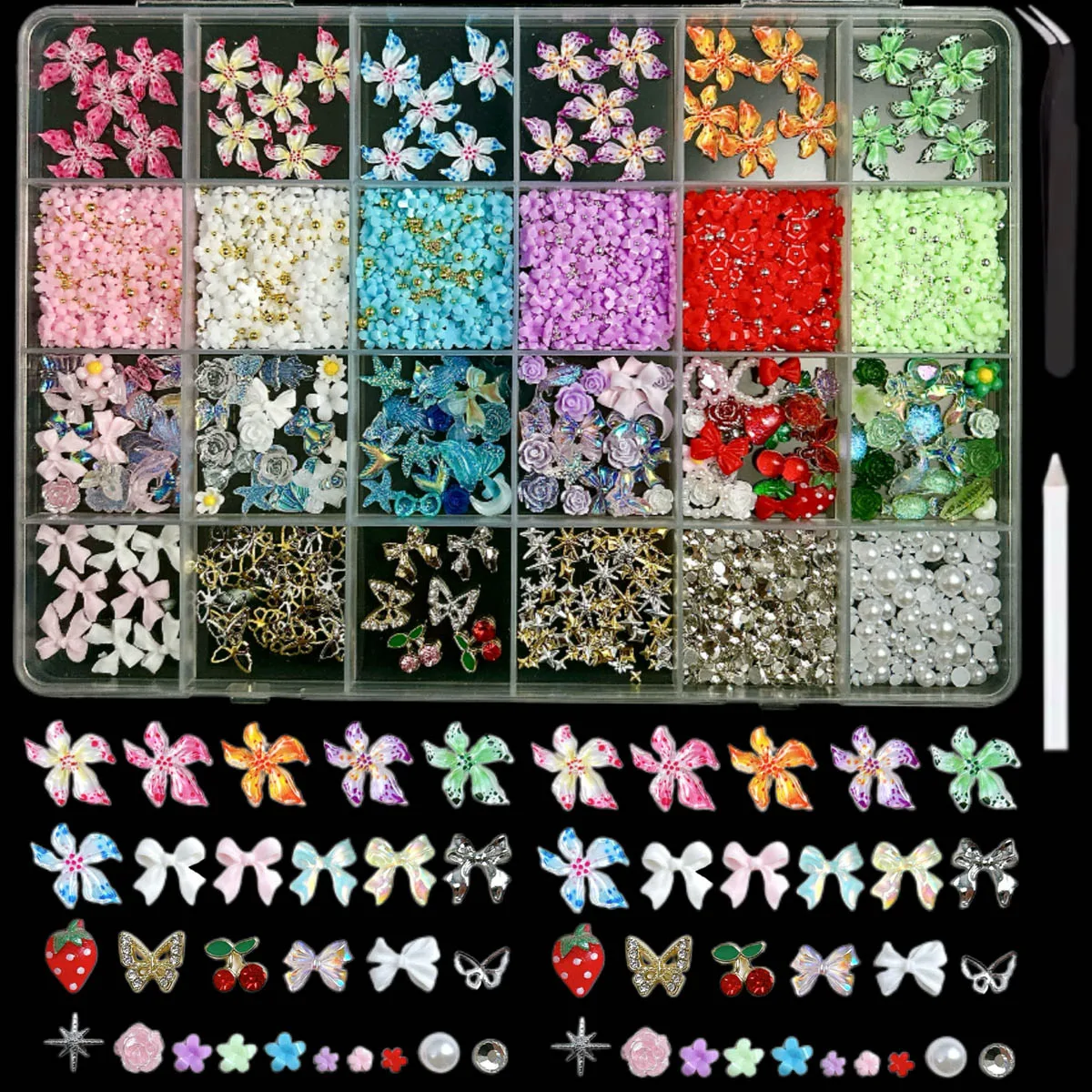 1 caixa transparente arco lua resina encantos do prego liga mini borboleta strass colorido flor havaiana decorações da arte do prego diy