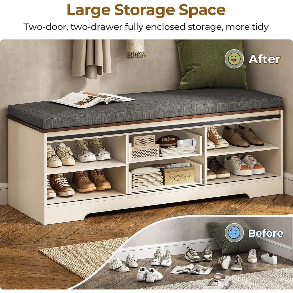 Cushioned Storage Bench with Shoe Rack, Barn Door Slide, Adjustable Shelf, and Drawers for Home Entryways and Closets