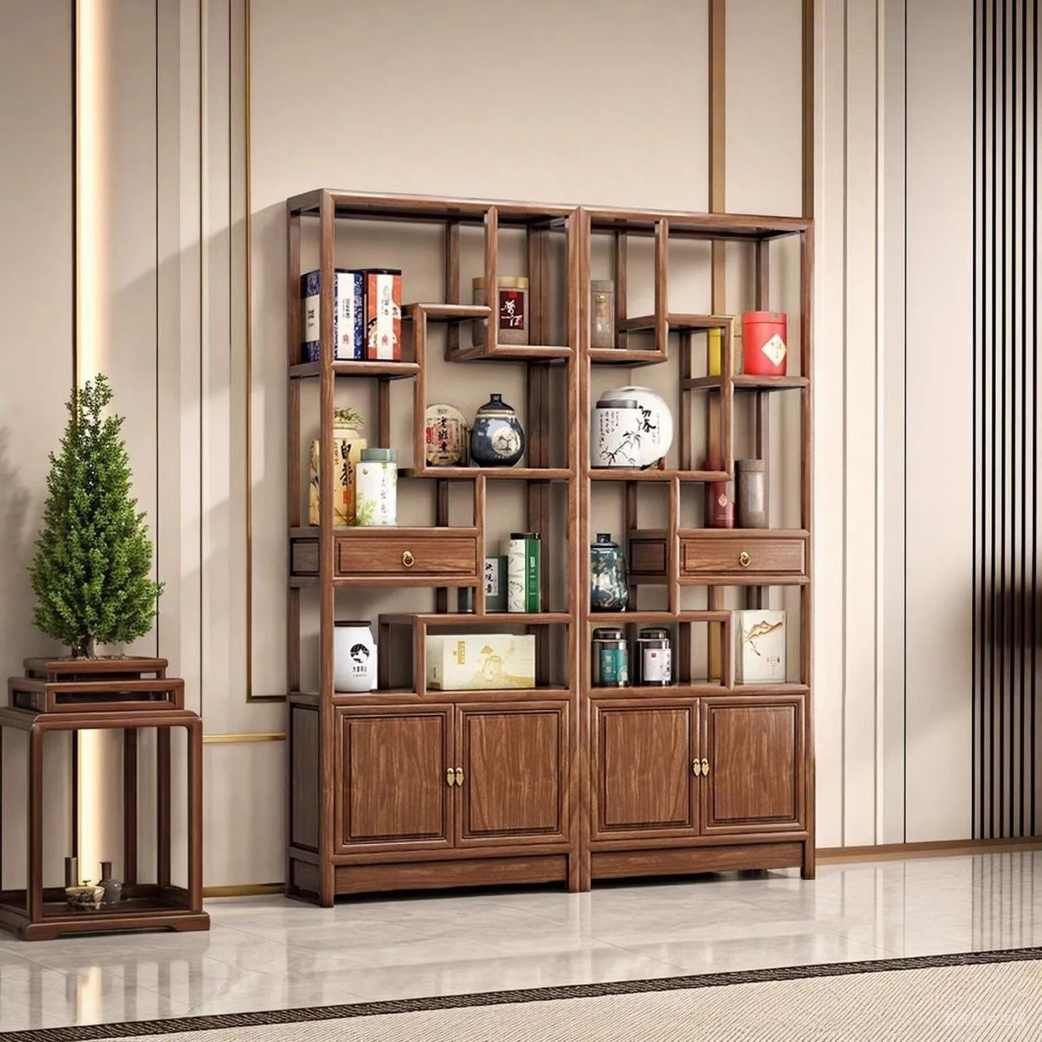 All solid wood Bogu frame, new Chinese style living room entrance, Duobao Pavilion ornament partition, tea rack
