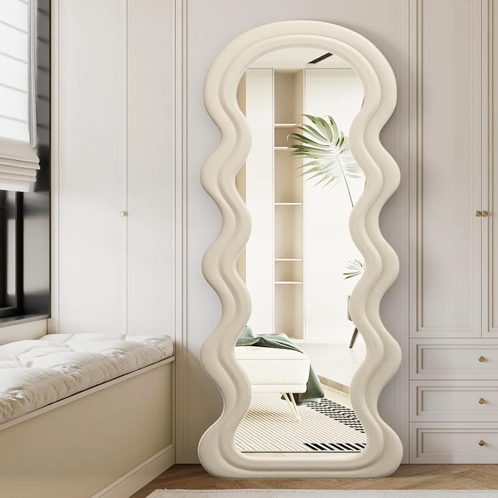 

Full Length Mirror, 63" x 24" Floor Mirrors, Irregular Wavy Mirror, Full Length Wall Mirrors, Standing Flannel Wrapped Wooden Fr