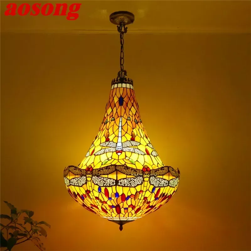 AOSONG Tiffany European Chandelier Vintage Restaurant Bedroom Coffee Shop Bar Villa Corridor Color Glass Pendant Lamp