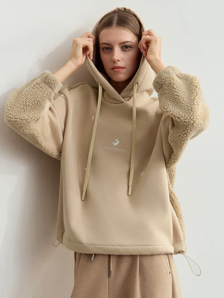 Amii Drawstring Hooded Splicing Imitation Lamb Wool Sweatshirt Embroidered 2024 Winter Women\'s Loose Thermal Tops 12444131