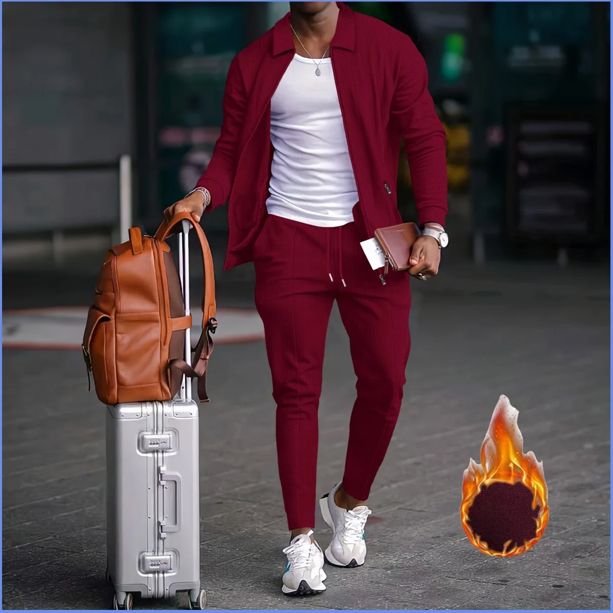 

Men'sCasual Tracksuit Waffle Knit Zipper Cardigan Jacket + JoggerPants Set Spring Autumn Business Casual Streetwear Male Outfits