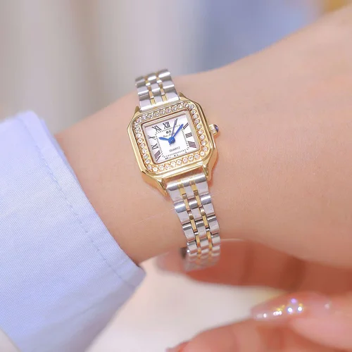 Imagen 2 del producto Reloj de lujo para mujer, esfera romana con diamantes, relojes para mujer, pulsera elegante de acero inoxidable, reloj de pulsera cuadrado de cuarzo para mujer