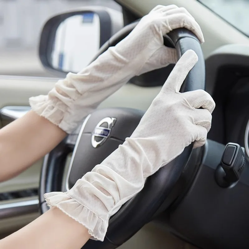 High-Aesthetic Ice-Silk UV-Protective GlovesLightweight Lace-Edged Mid-Length Gloves Driving, Touchscreen-Compatible, Non-Slip