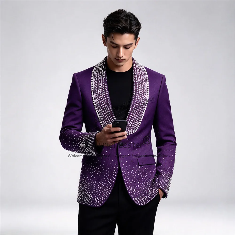 Exclusive Groom Wedding Tuxedo Suit Set Beaded Stones Prom Blazer Customized Single Breasted Jacket Pants 2 Pieces Man Outfit