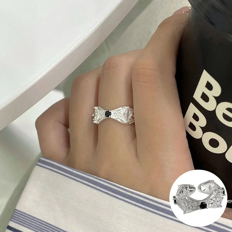 

100% 925 Sterling Silver Diamond Bowknot Open Ring for Women Girl Fashion Liquid Lava Design Jewelry Party Gift Dropshipping