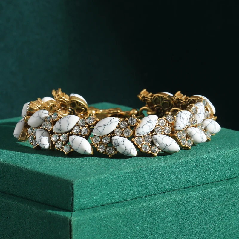 

Vintage Ear Of Wheat Rhinestone Bracelet Natural Stone Antique Gold Color Charm Luxury Jewelry Designers Summer Accessories 2025