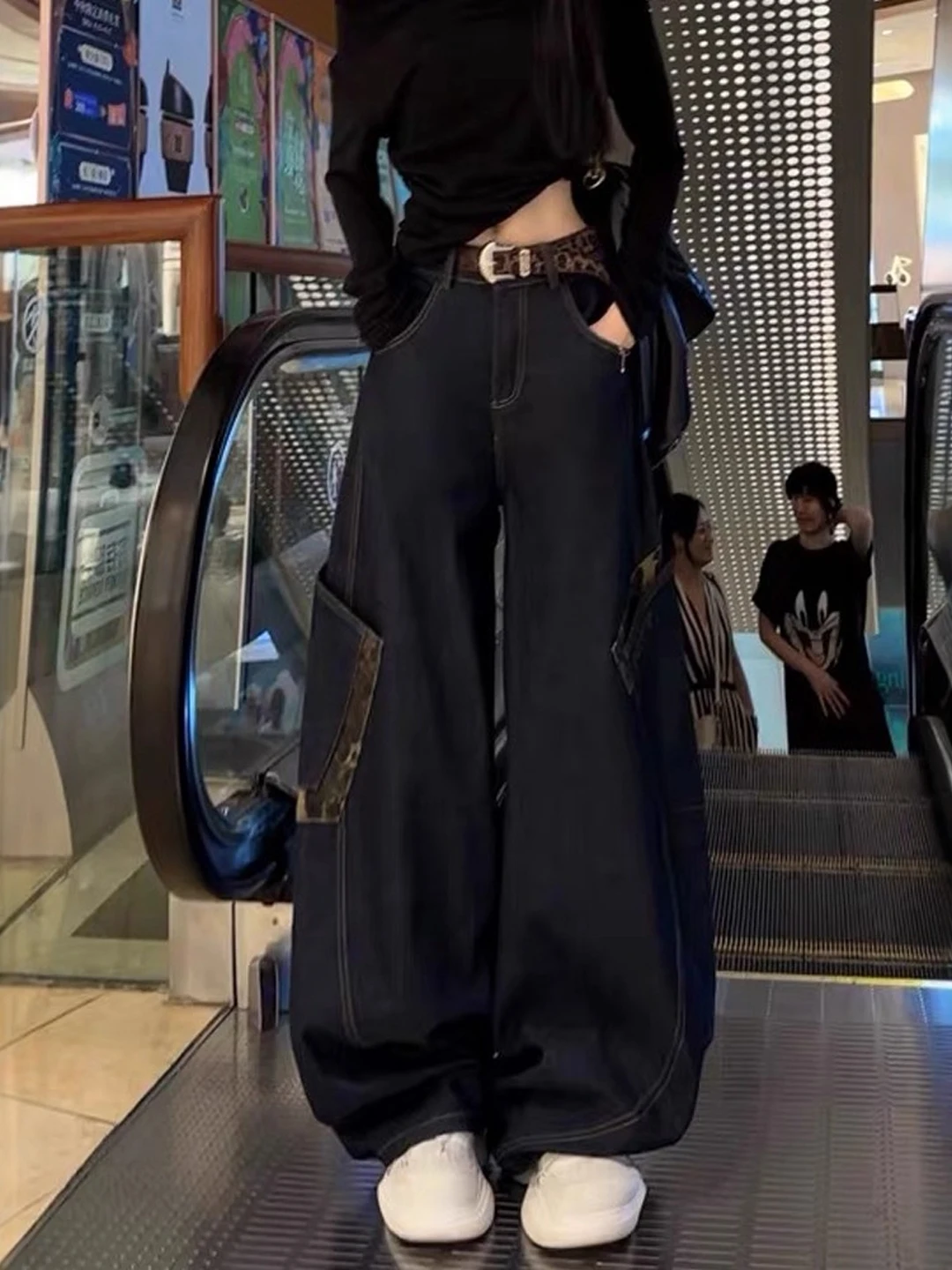 American Leopard Print Splicing Wide Leg Jeans Women's Autumn Winter High Waist Loose Slimming Trousers Fashionable Workwear