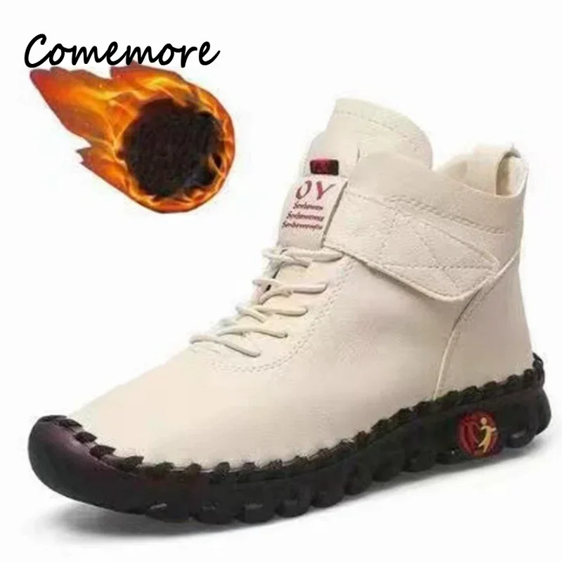 Comemore 2022 Women's Short Leather Boots Ladies Furry Orthopedic Shoes Thick Fur Booties Woman Winter Snow Boot Botines Mujer