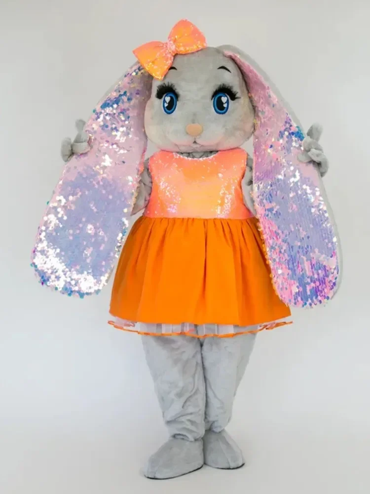 

Костюм талисмана серого кролика с большими ушками, оранжевое платье, пасхальный кролик, наряды для косплея, наряды для Хэллоуина, Рождества, нарядные наряды для вечеринок