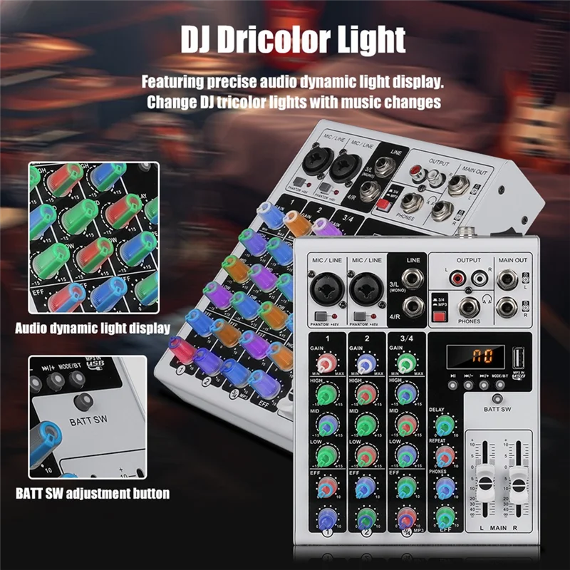 M16K-XLR Bluetooth 48V Phantom Power Audio Mixer 4 Canali Portatile DJ Karaoke Mixing Console Per PC Registrazione MP3 SPINA UE