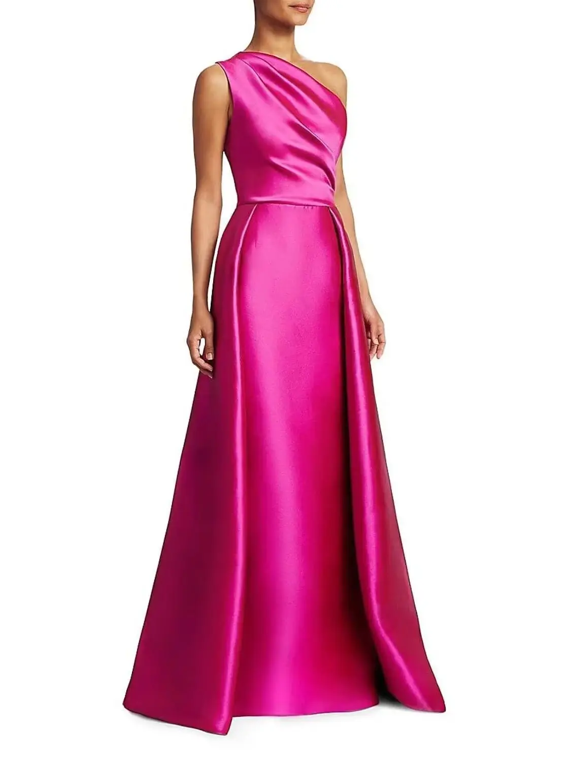 

A-Line One shoulder Prom Gowns Sleeveless Satin Pleated With Overskirt Pure Color Long Dress Lace Up Gala Evening Dresses