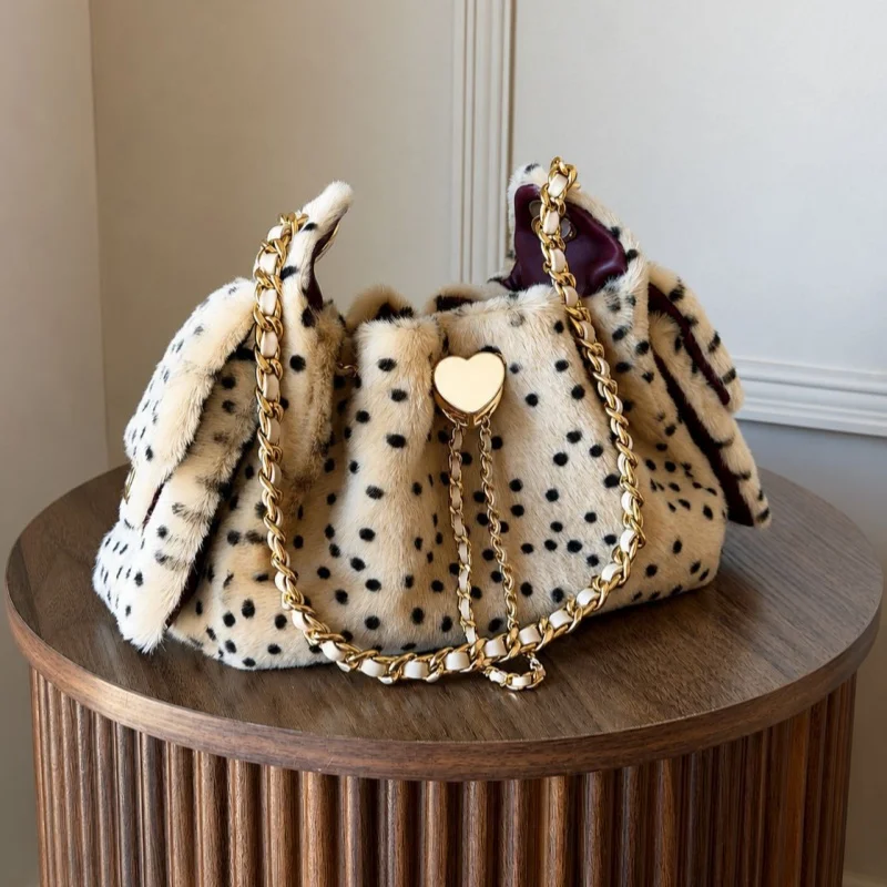 Faux Fur Leopard Print Dot Bucket Bag Women Fluffy Handbags Plush Shoulder Crossbody Bag Luxury Designer Drawsting Tote Bag