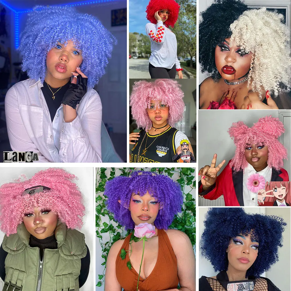 Short Hair Afro Kinky Curly Wig With Bangs For Black Women Cosplay Lolita Synthetic Ombre Natural Blond Red Pink Wig