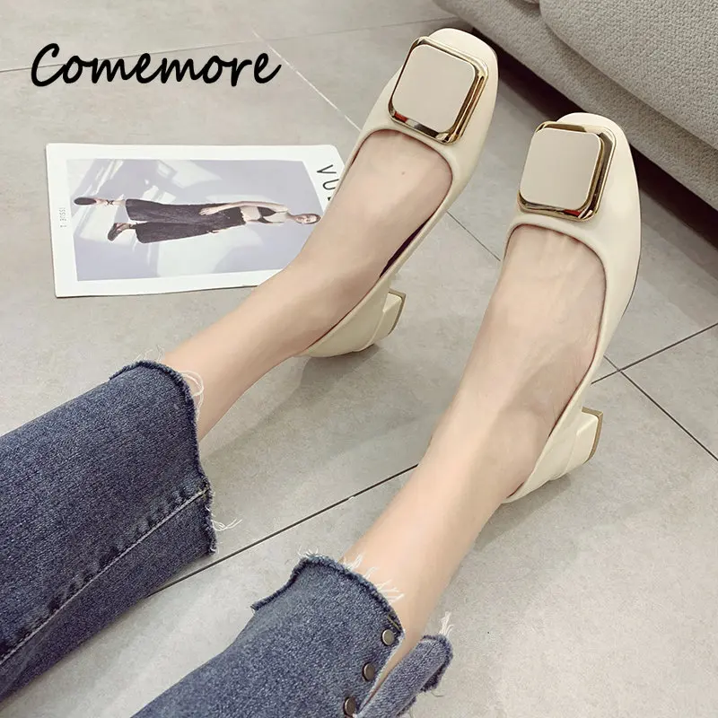 Comemore 2023 Summer New Elegant Medium Heel Women\'s Shoes Square Toe Buckle Slip-On High Heels Women Shoes Soft Leather Pumps