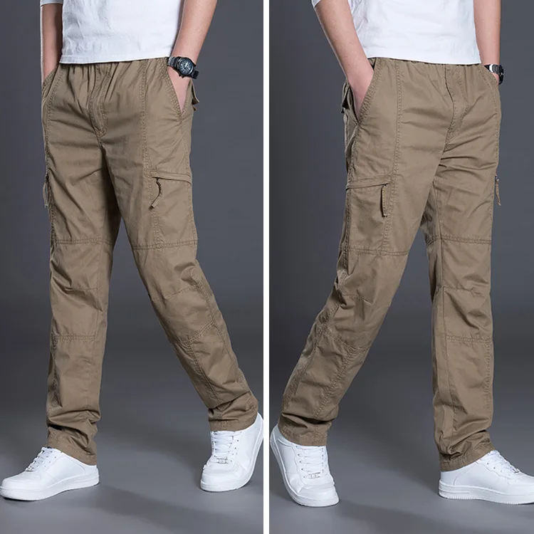 New Men's Cargo Trousers Straight Leg Work Pant Men Loose Fit Cotton Summer Wide Overalls Male Side Multi Pocket