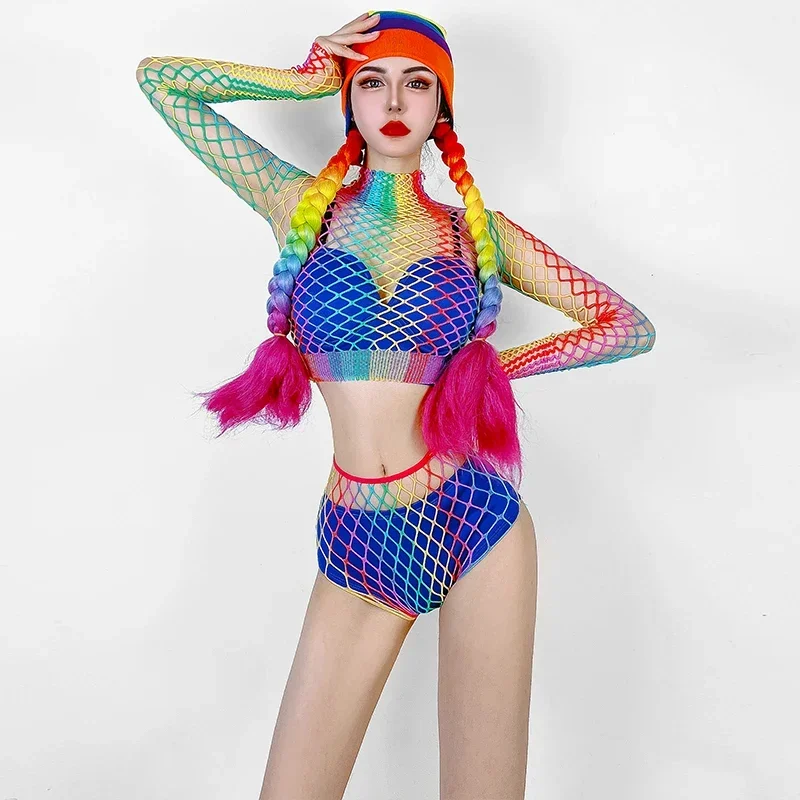 Rainbow Net Tops Shorts Women Sexy Bikini Pole Dance Costume Nightclub Bar Jazz Dance Outfit Dj Ds Party Rave Clothing YS4497