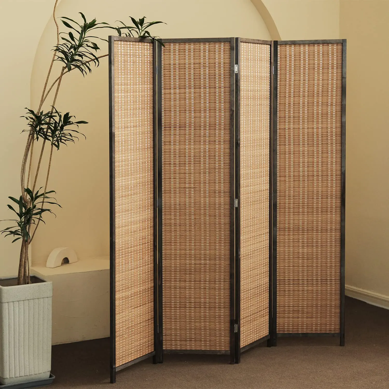4 Panel Bamboo Room Divider - 5.6 ft Tall Folding Privacy Screen for Room Separation, Natural Brown Freestanding, Customized