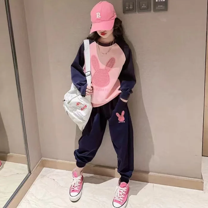 

2025 autumn Children set Clothes Girls tracksuit spring bunny t-shirt sweatshirt hoodie + Ankle-tie pants Kid Teens 8 to 12 year