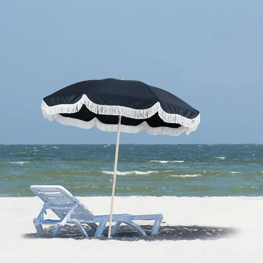 Sombrilla Boho Beach Patio de 7 pies con paraguas de mercado con flecos con protección UV UPF 50+ y dosel resistente al agua 1,5 madera P