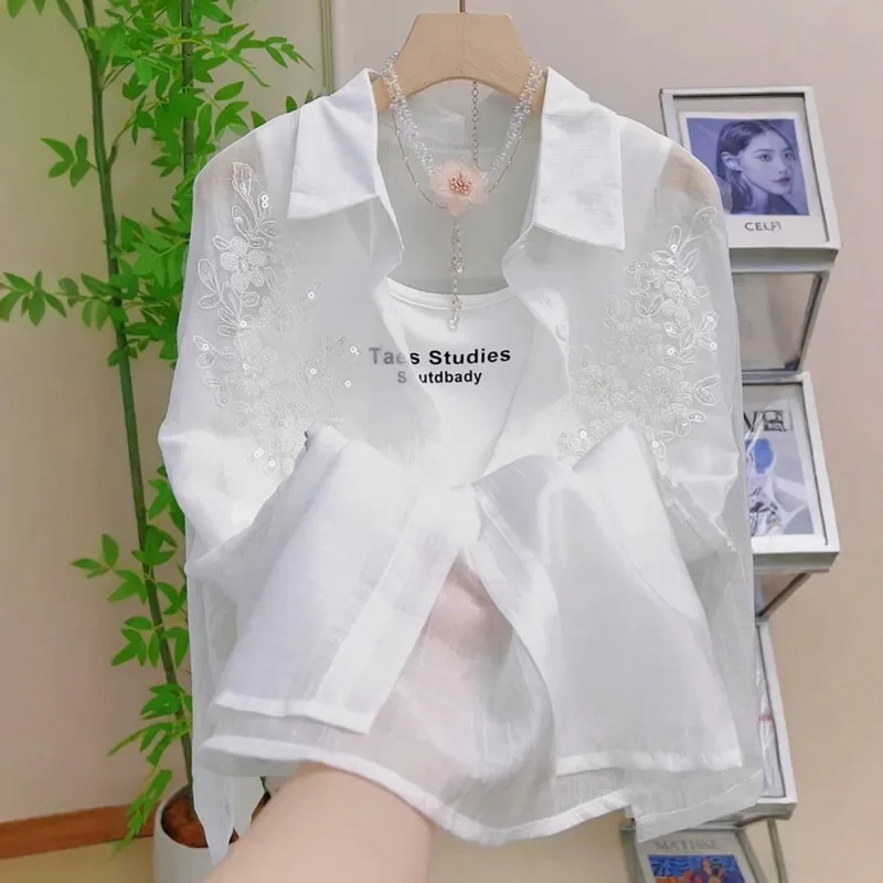 

Women's Summer White Thin Sunscreen Shirts Lady Graceful Embroidery Beads Floral Polo Blouse 2025 New Solid Tops Female