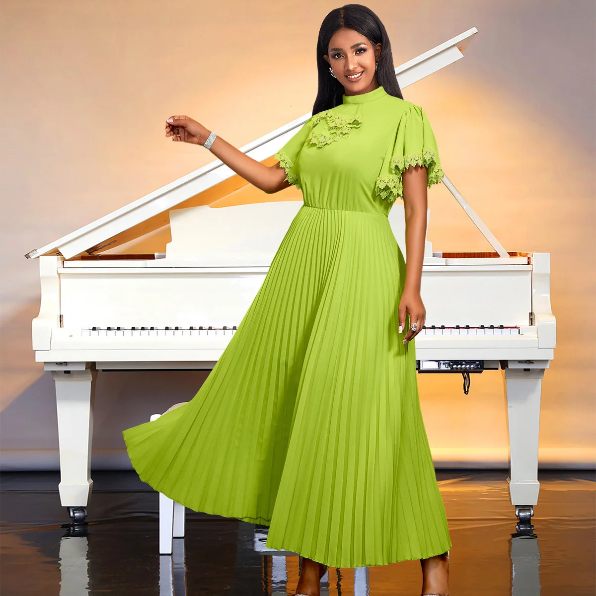 AM 040301   Modna i elegancka zielona spódnica w kształcie litery A Party bankietowa plisowana spódnica z wysokim stanem