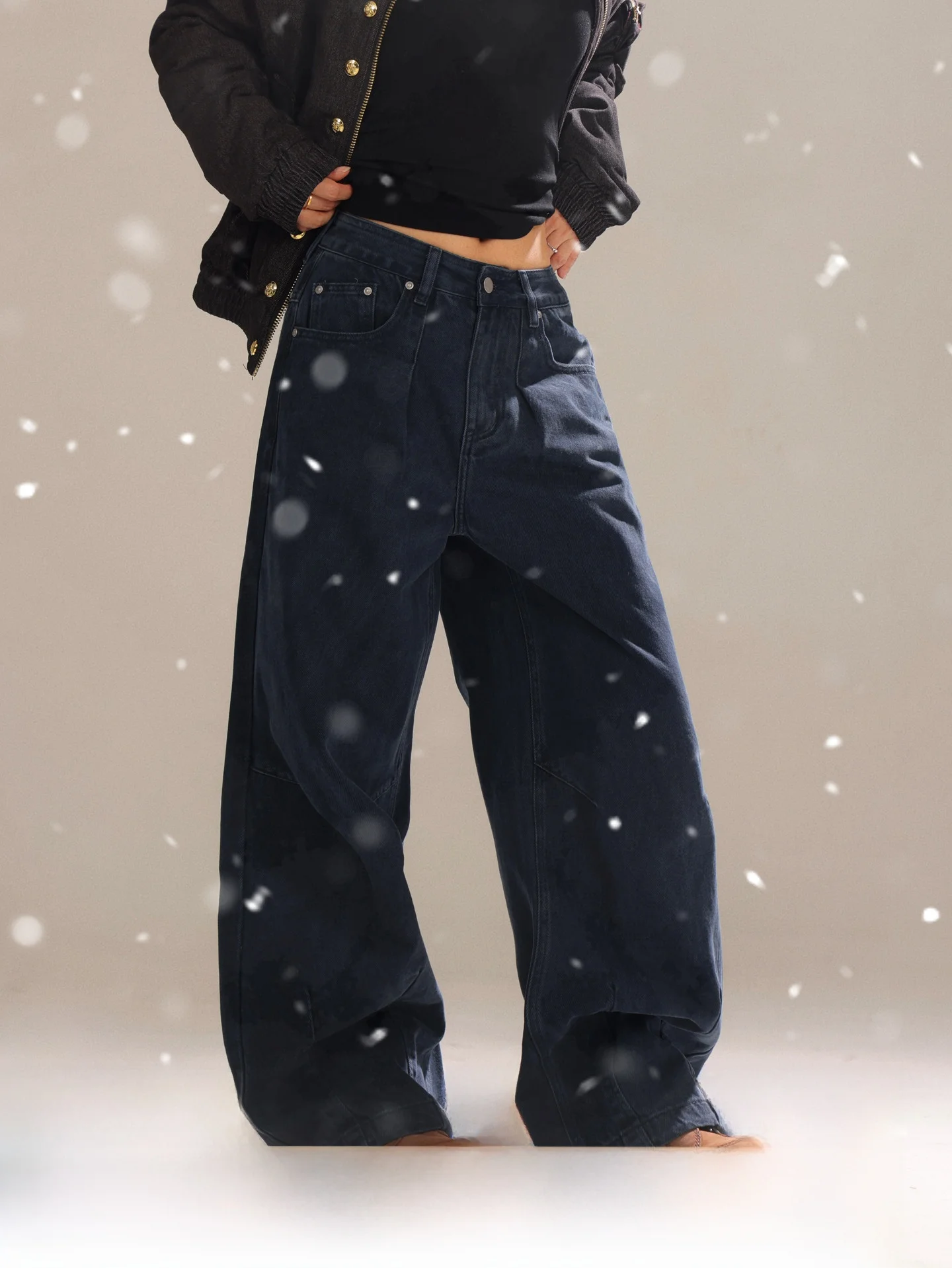 

Голубые американские складные джинсы с высокой талией, женские осенне-зимние новые свободные широкие брюки, длинные брюки, винтажные брюки