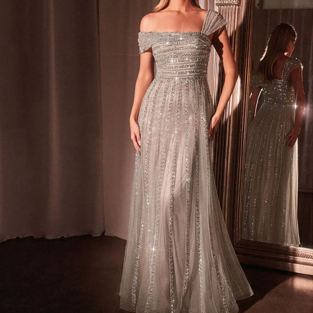 Pretty Gray Women Prom Dresses Cap Sleeves Floor Length A-line Sequined Beading Fairy Female Evening Party Banquet Gowns