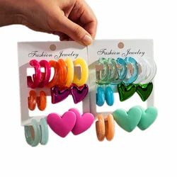 New Korean 7pair Colorful Circle Acrylic Hoop Earring for Women Vintage Geometric Heart Stud Earrings Statement Jewelry Set Gift