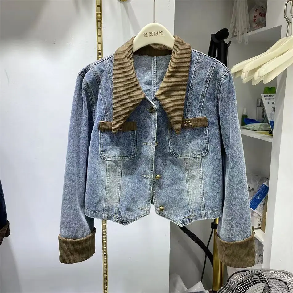 Fdfklak Spring Autumn 2023 New Women Dress Short Contrasting Polo Collar Denim Jacket Women Korea Fashion Chaquetas Para Mujeres