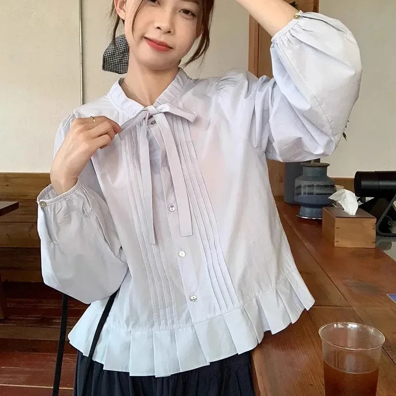 

Cute Round Neck Bowknot Shirts Women Korean Ruffles Balloon Long Sleeve Shirt Woman 2025 Chic Vintage Loose Blouse Female